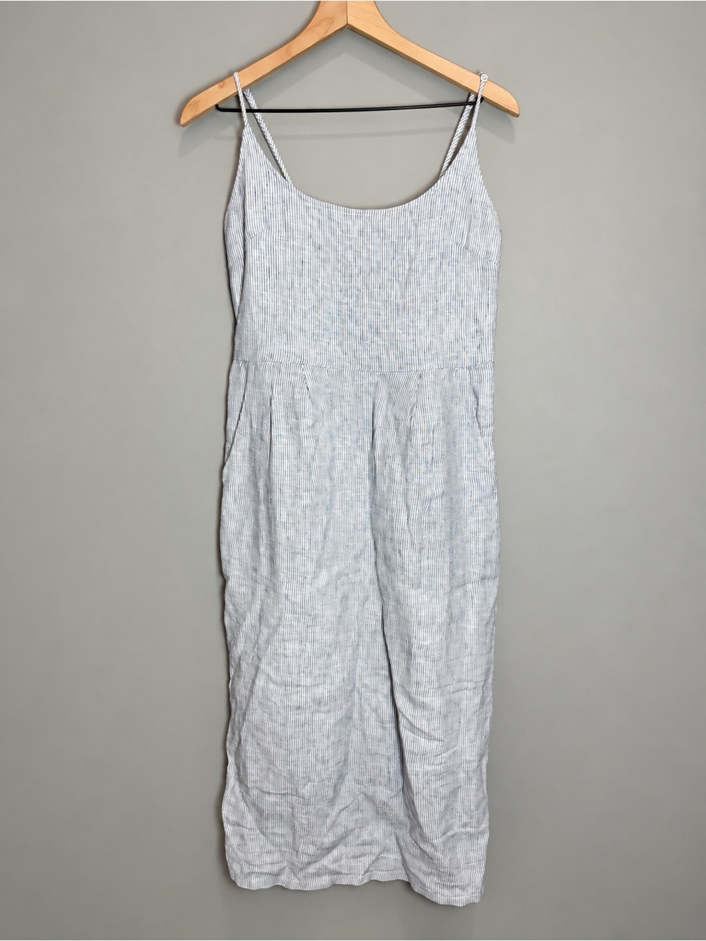 Quince 100% European Linen Scoop Neck Midi Dress Blue Pinstripe S